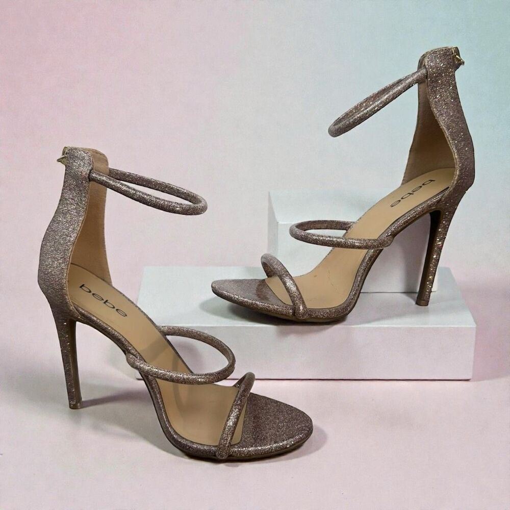 Bebe Berdine Ankle-Strap Stiletto Heel Sandals Pink Blush Metallic Glitter Size